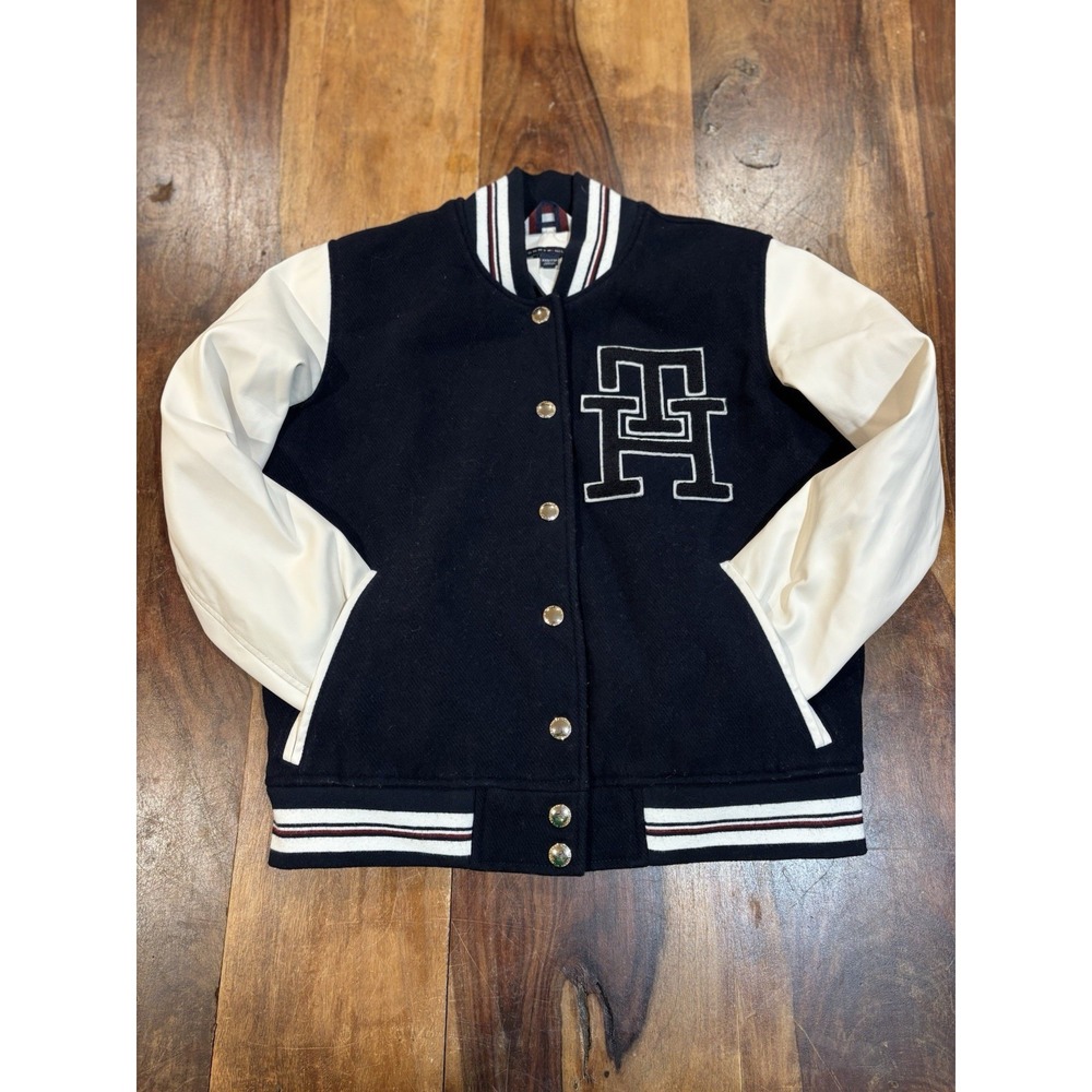 TOMMY HILFIGER wool dark navy & white letterman varsity bomber jacket size